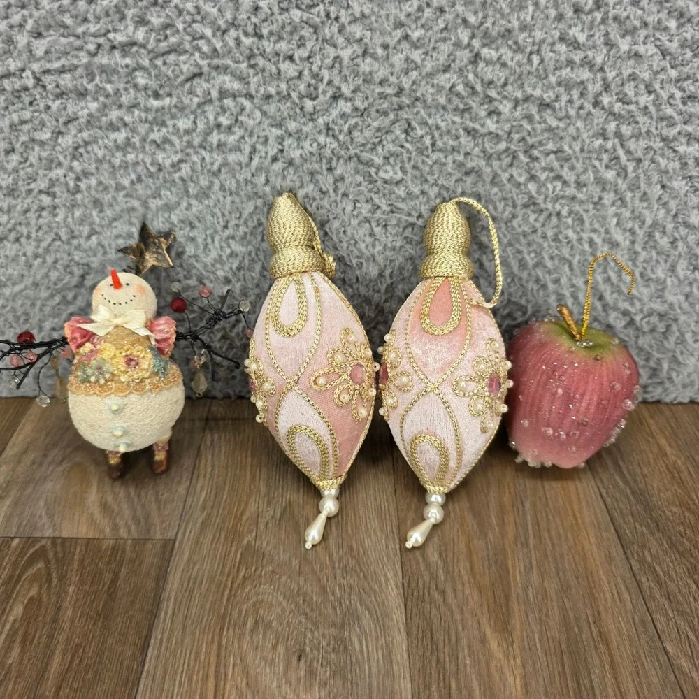 Vintage Pink‎ Velvet Drop Snowman & Beaded Apple Christmas Ornaments Set of 4